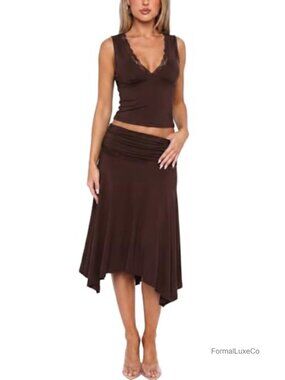 Womens 2 Piece Lace Trim Midi Skirt Set V Neck Tank Top Ruched Waist